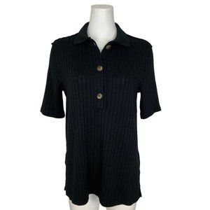 Free People Heart Strings Tunic Polo Knit Top M Black Short Sleeve Ribbed Boho